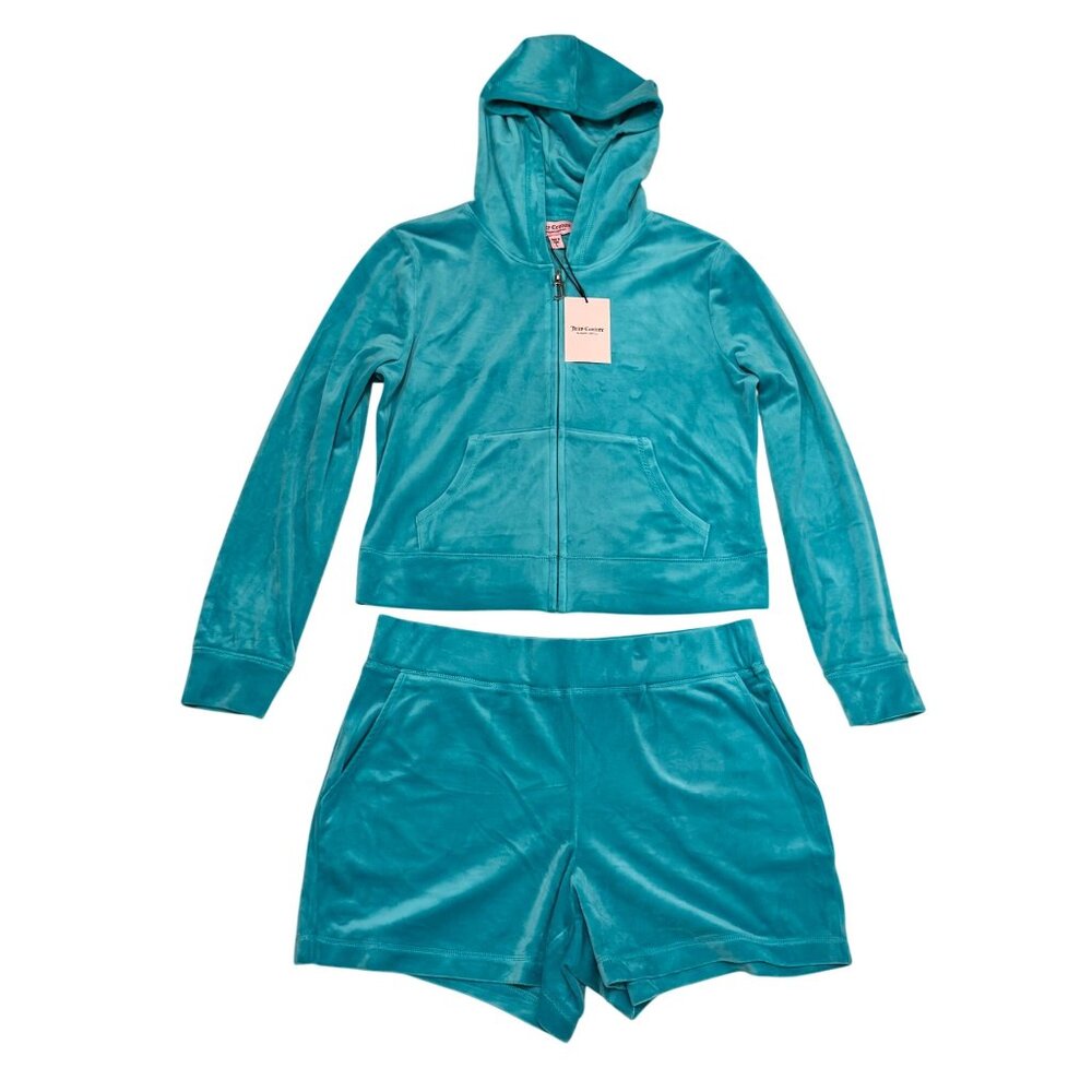 NWT Juicy Couture Womens L Velour Hoodie‎ & Shorts Set Coastal Teal